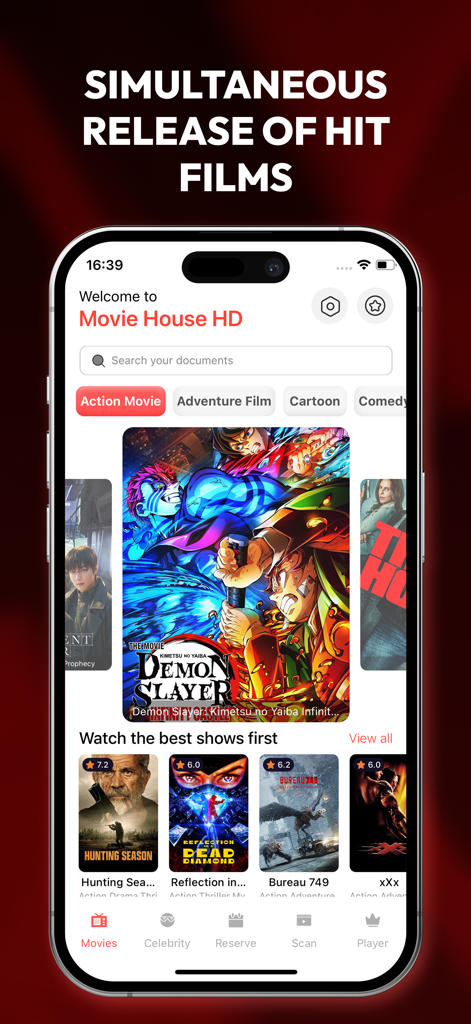 Movie House HD - Movie House HD app home screen featuring hit films and categories on an iPhone