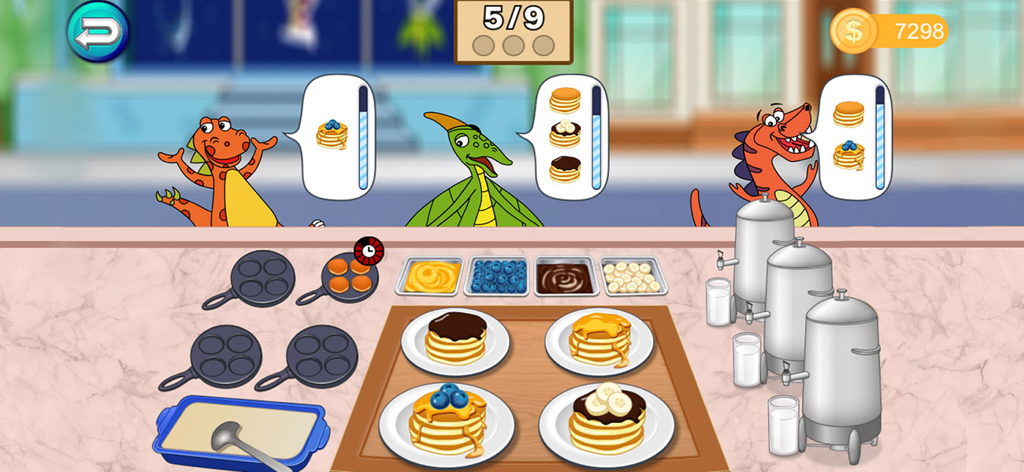 Three dinosaurs ordering pancakes in a kids' cooking game.