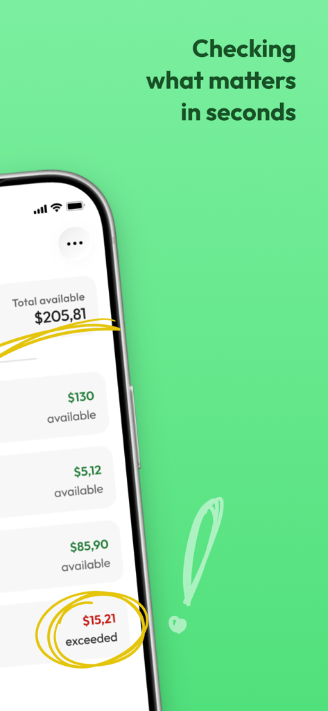 Spent - Track your expenses - Spent app interface displaying total available balance and a highlighted exceeded budget alert