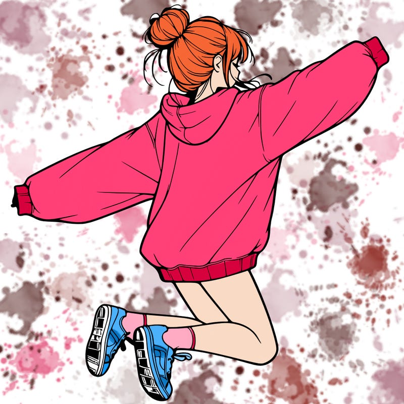 realistic girl jumping with a bun and oversized sweatshirt