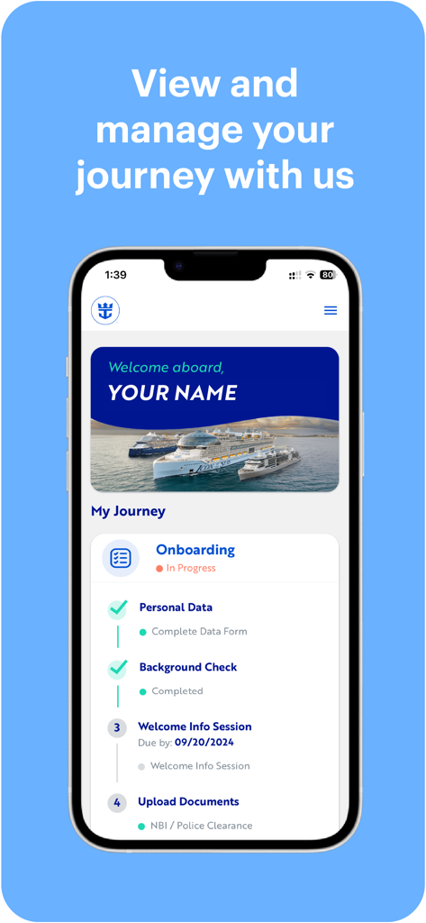 A smartphone screen displaying the MyRCL app onboarding journey with a checklist for cruise crew members