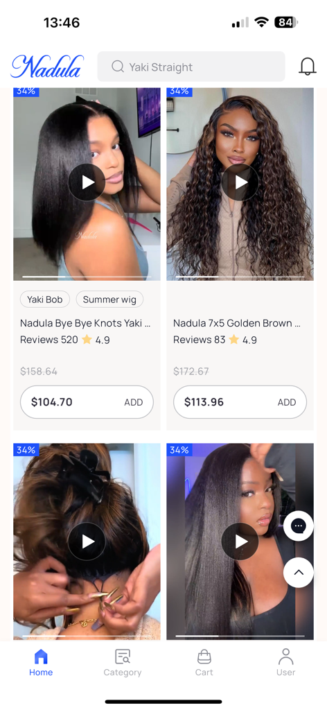 Nadula Wig - Nadula Wig mobile app home screen showing a variety of human hair wigs with video previews and prices