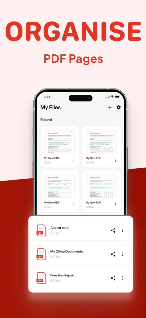 PDF Editor App | Edit Document - Interfaz que muestra cómo organizar páginas PDF y administrar archivos