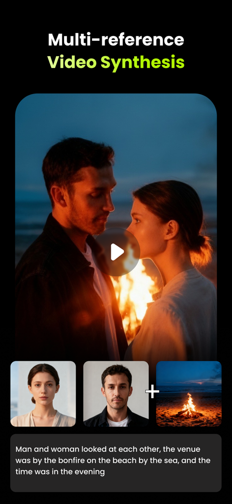 LumixAI: Turn Pic to Hot Video - LumixAI app interface showing how to create a video from multiple reference images and a text prompt