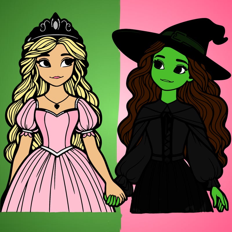 a princess and a witch holding hands realistic