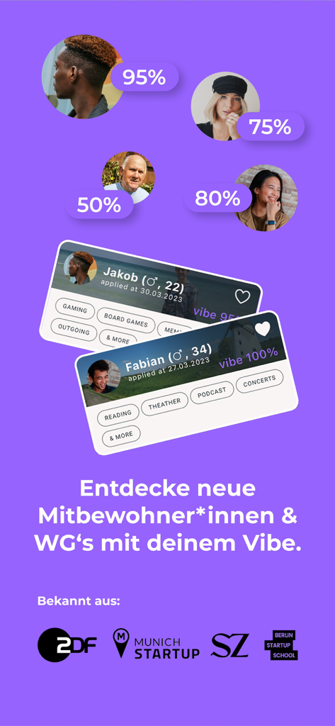 heyroom - WG's suchen & finden - Roommate search screen displaying profiles with vibe scores and hobby tags on the heyroom app