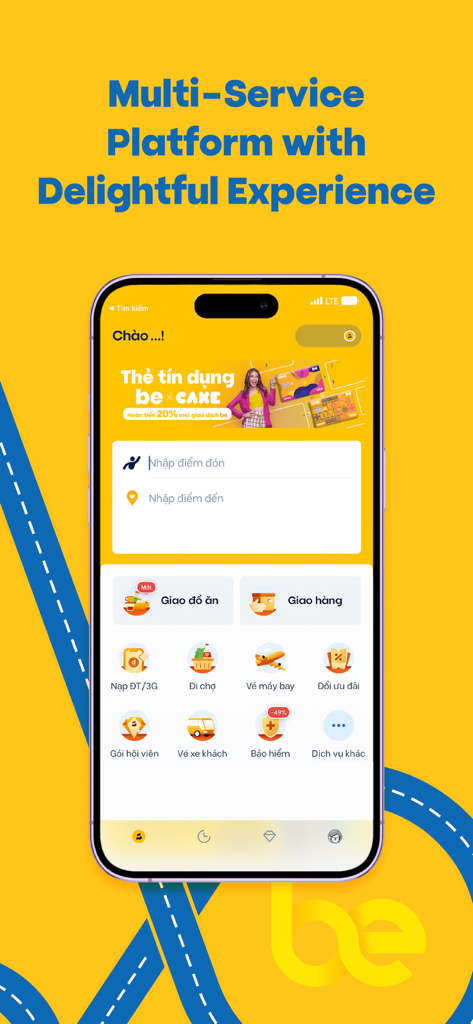 Schermata iniziale della super-app be che mostra le opzioni di servizio per trasporto, consegna di cibo e biglietti aerei.