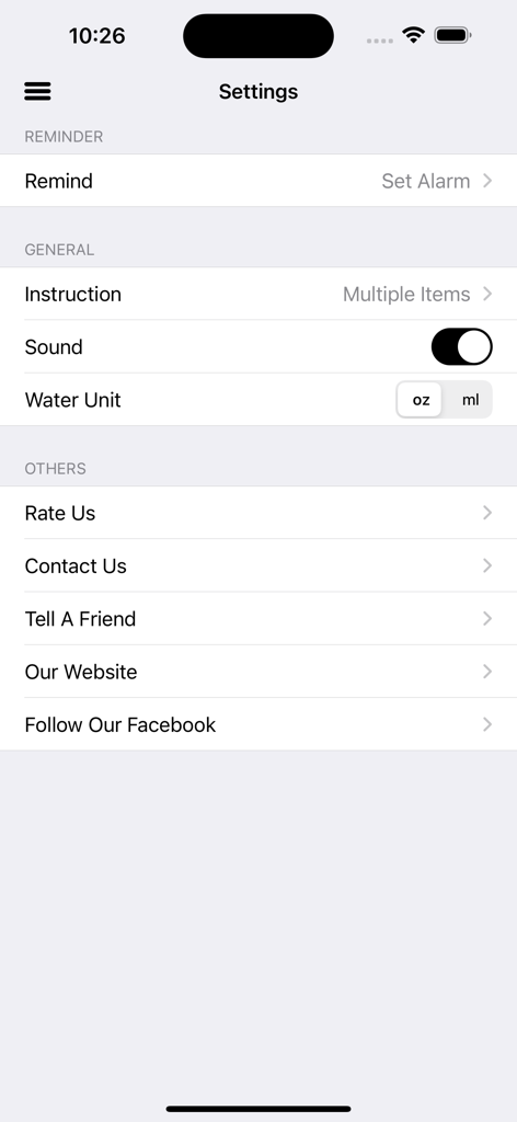 Pantalla de configuración con selección de unidades y recordatorios