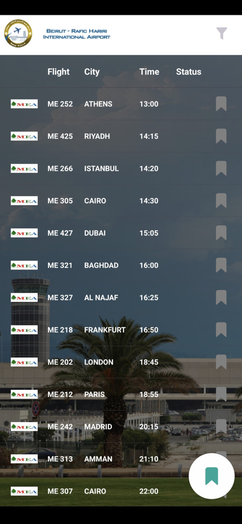 Beirut Airport - Official App - Eine Liste von Abflügen und Ankünften in Echtzeit in der offiziellen App des Flughafens Beirut mit Zielen wie Athen, Riad und Paris.
