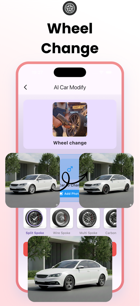 AI Car Design: Custom Maker - Benutzeroberfläche der AI Car Design App, die Radanpassungsoptionen für eine weiße Limousine zeigt, einschließlich Speichenfelgen und Drahtspeichen-Designs