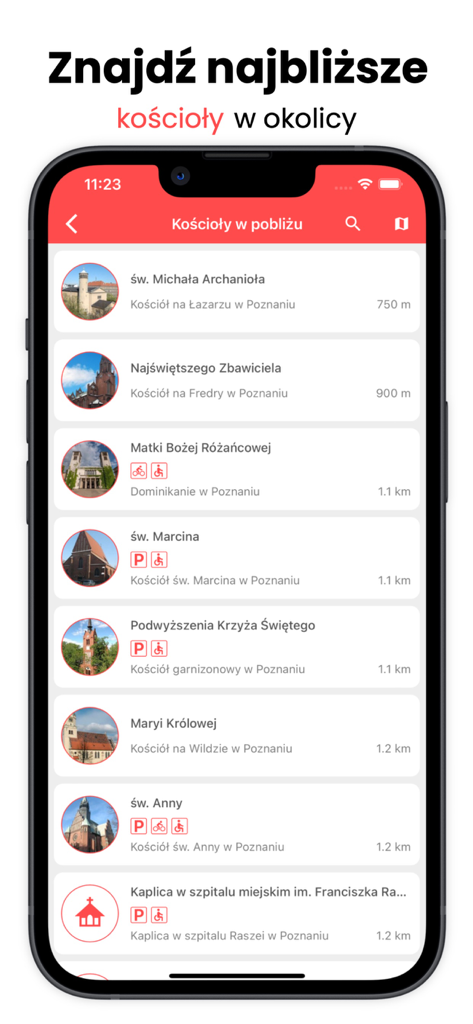 Drogowskaz - A list of nearby churches on the Drogowskaz app interface