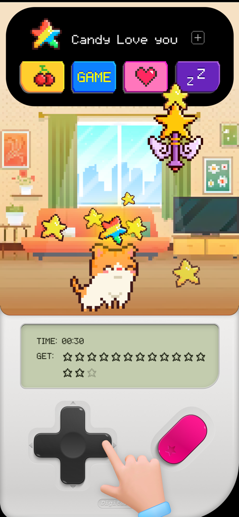 Pixel Shimeji: My Digital Pet - Pixelated cat pet in a living room with a retro handheld game controller interface