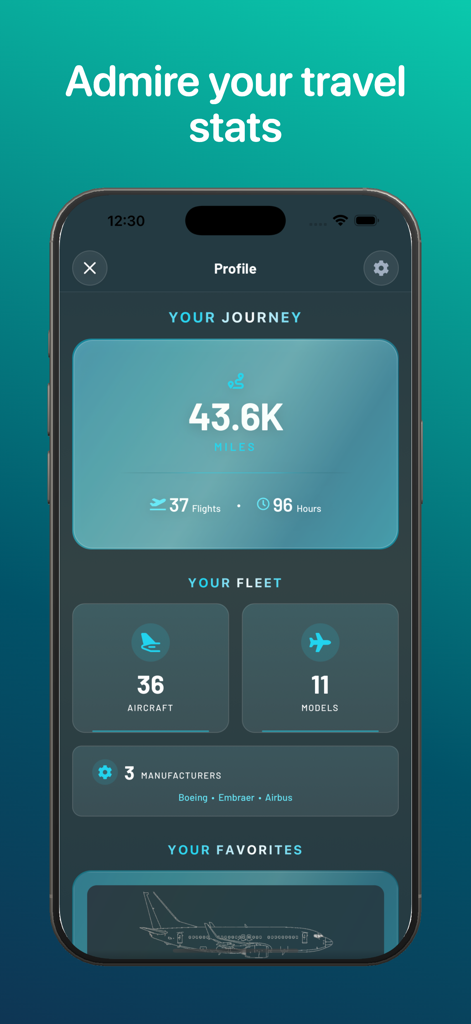 Fleet: Planes You’ve Flown - Profile screen of the Fleet app displaying travel statistics like miles flown and aircraft fleet counts