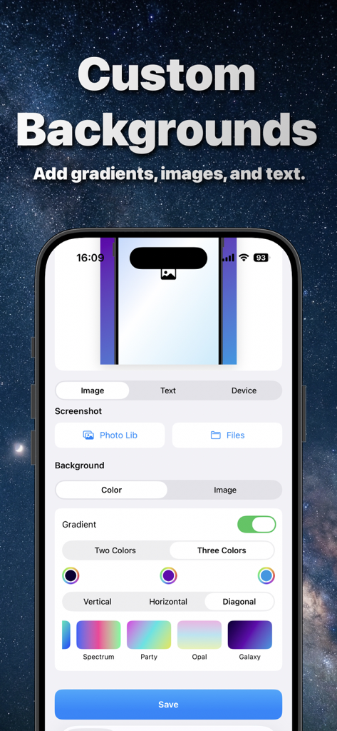 Screenshot Maker - Mockup Pro - User interface of the Screenshot Maker app showing options to customize mockup backgrounds with gradients and colors.