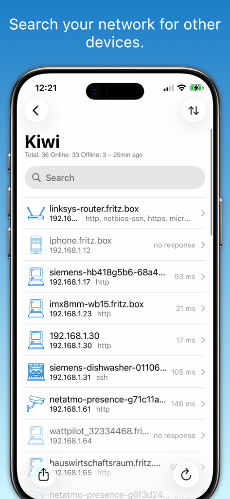 Network Radar - Network Radar app interface showing a list of discovered devices on a local network