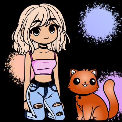 standing teenage girl with crop top and a cat sitting next to her