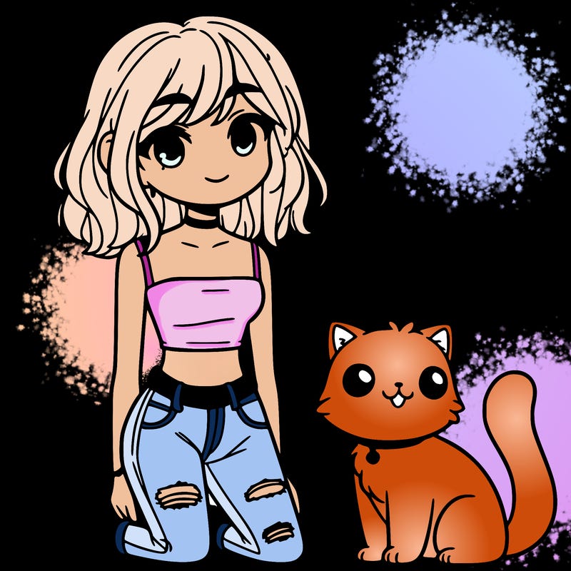 standing teenage girl with crop top and a cat sitting next to her