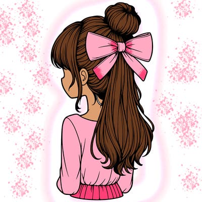 realistic girl  with hip length hair a bun and a big bow on the back of head