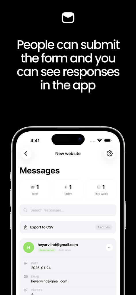 Pocket Site - Pocket Site app displaying website form responses and visitor messages