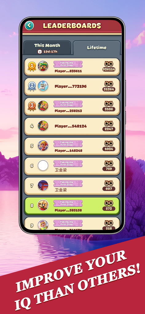 Word Craze - Trivia crosswords - Pantalla de tabla de clasificación que muestra las clasificaciones y puntuaciones mensuales de los jugadores en el juego de trivia Word Craze