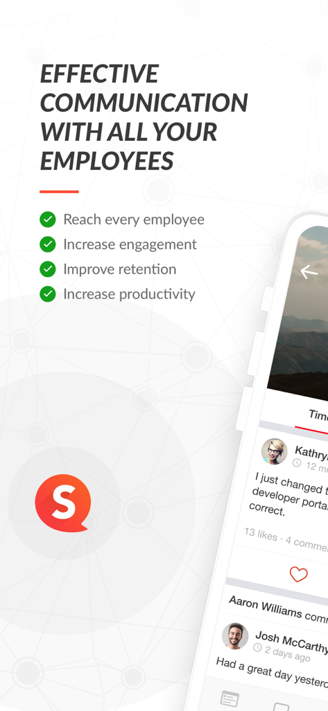 Speakap - Speakap mobile app interface highlighting benefits for employee communication and engagement