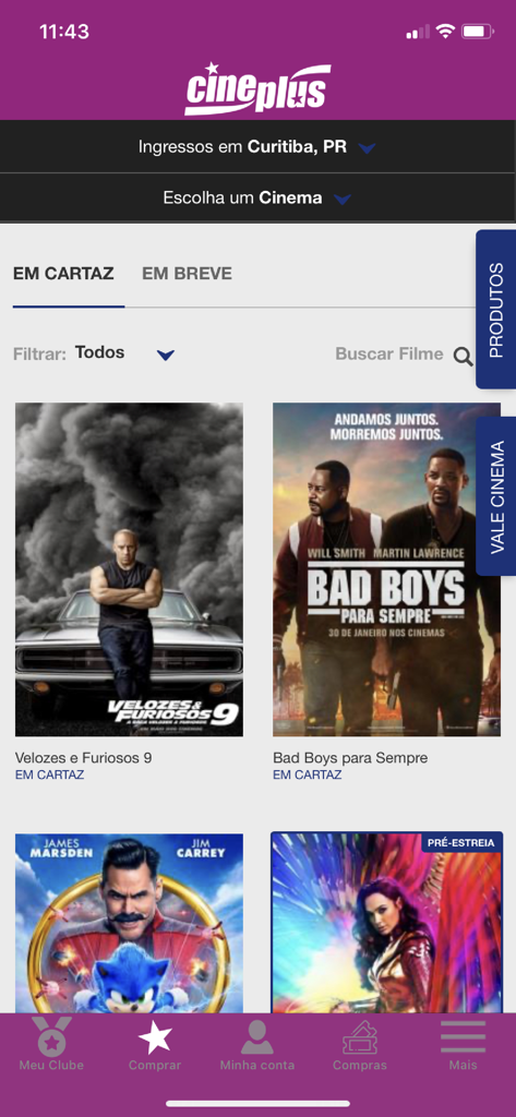 Cineplus - Interface de l'application mobile Cineplus affichant les affiches de films des projections en cours au cinéma