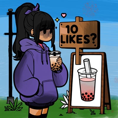 girl with oversized hoodie drinking boba and she has a high ponytail with a sign that says 10likes?