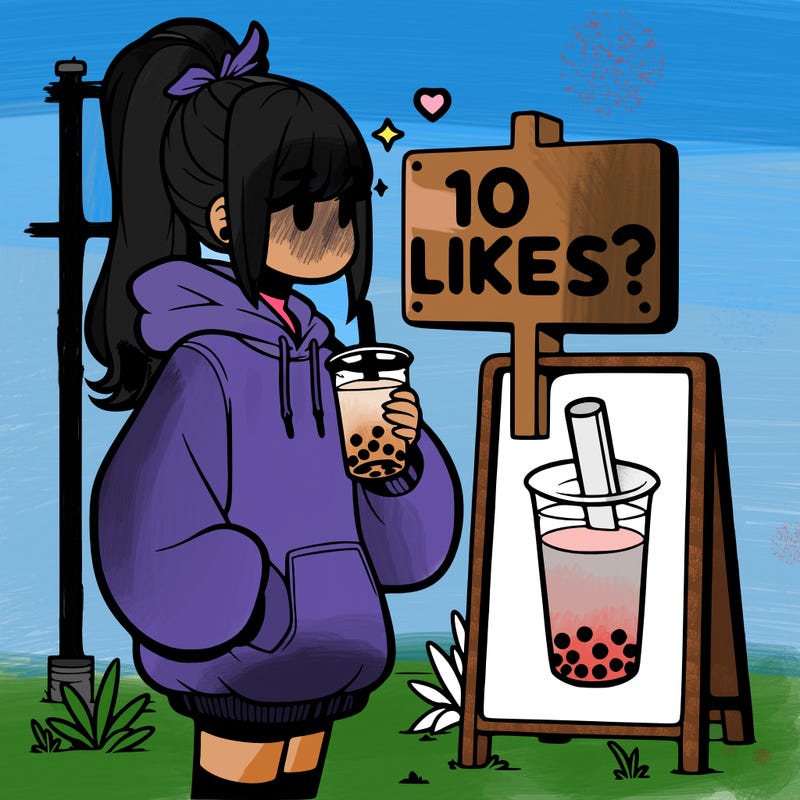 girl with oversized hoodie drinking boba and she has a high ponytail with a sign that says 10likes?