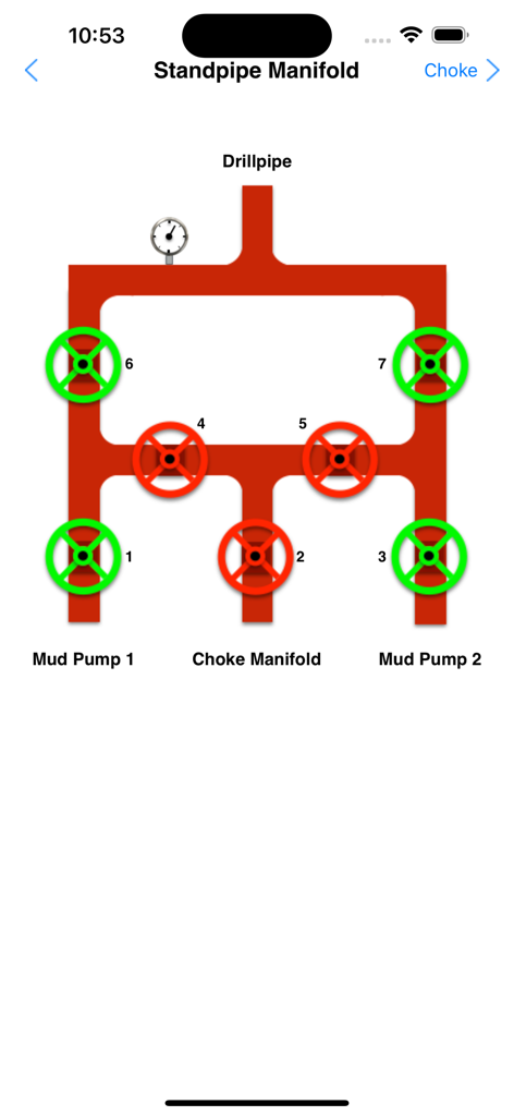 Schematic diagram of a standpipe manifold showing valve controls for mud pumps and drillpipe in a well control simulator