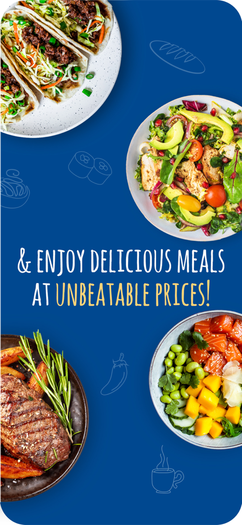 A variety of gourmet dishes including steak and tacos with promotional text for affordable dining