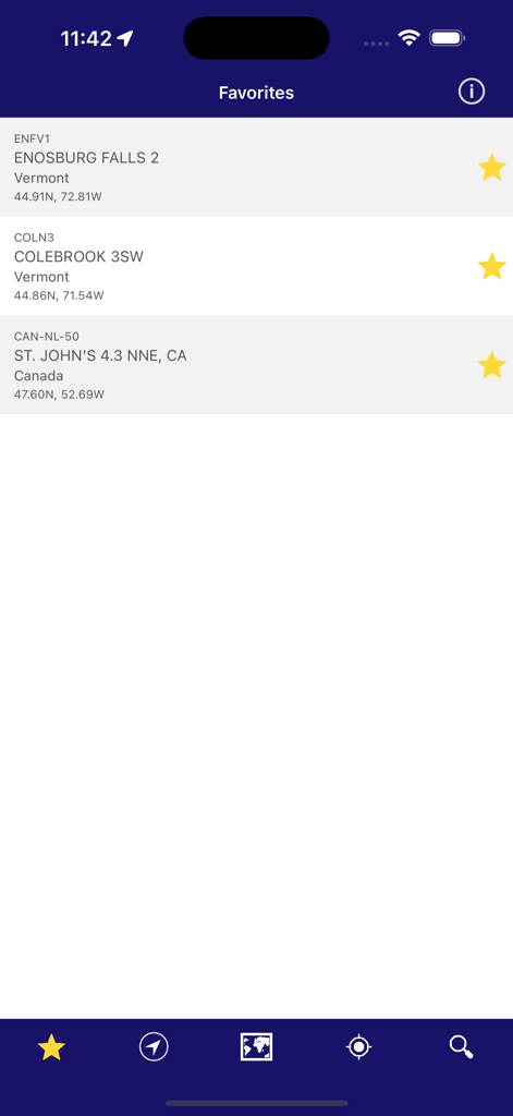 NOAA Snow Live Weather - The favorites screen of the NOAA Snow Live Weather app showing a list of saved snow stations in Vermont and Canada with geographic coordinates.