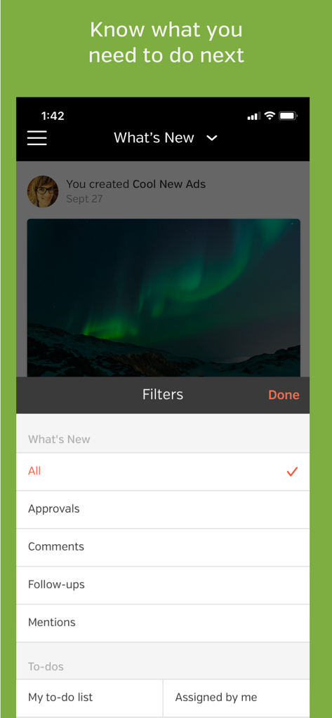 Hightail - Screenshot of Hightail mobile app displaying a filter menu for project tasks and updates