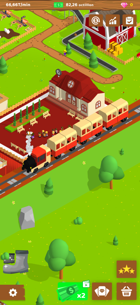 A steam train arriving at a farm station in the My Farming Empire mobile game