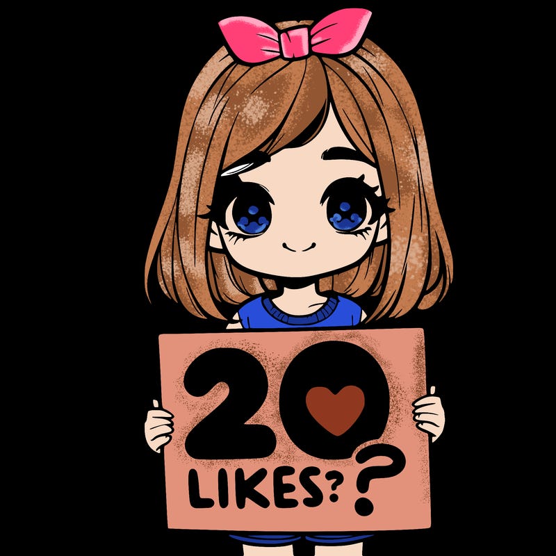 cute realistic girl holding a sign that says 20 likes?