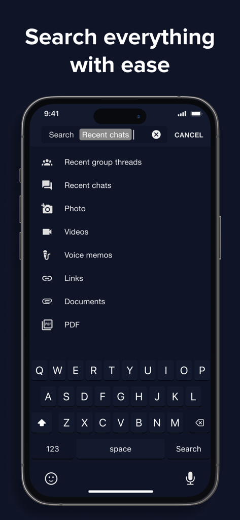 Loop Messenger - Loop Messenger search screen displaying filter options like photos videos and documents for organized messaging.