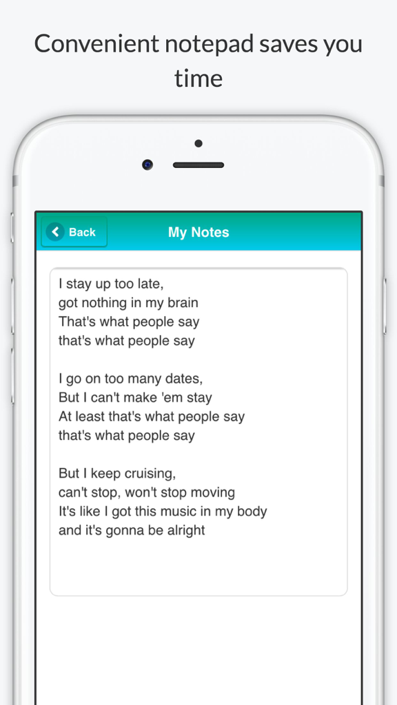 Rhyme Dictionary by Rhyme Time - In-app notepad feature of Rhyme Dictionary showing song lyrics drafts.