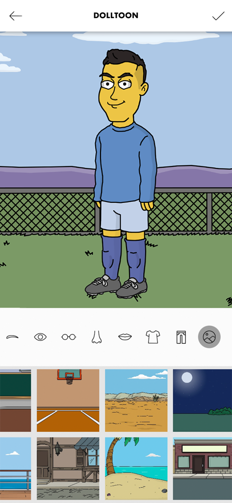 Interface do aplicativo Dolltoon mostrando um personagem de desenho animado amarelo e várias opções de seleção de fundo