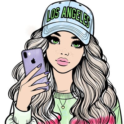realistic beautiful girl wearing los ángeles cap holding an iphone