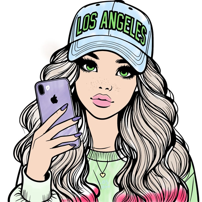 realistic beautiful girl wearing los ángeles cap holding an iphone