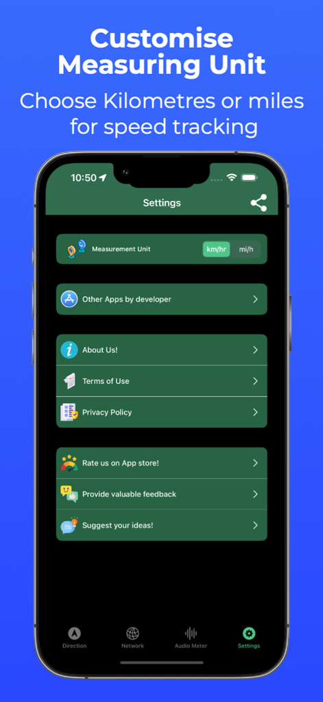 Schermata delle impostazioni dell'app My Speed che mostra le opzioni per personalizzare le unità di misura tra chilometri e miglia