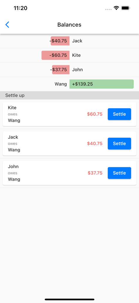 Split Bills With Friends - Interface showing group balances and settle up options to pay back friends