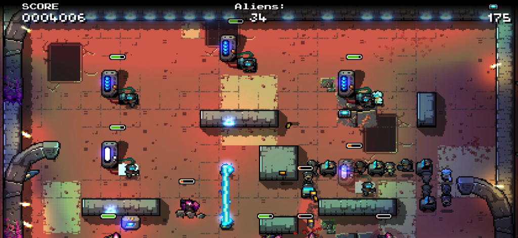 Snake Core - Top-down view of Snake Core gameplay showing a tactical army unit chain in a sci-fi pixel art setting