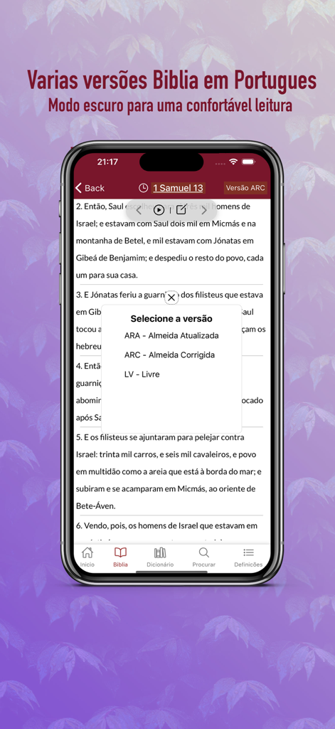 Menu de seleção de versões no aplicativo Bíblia Portuguesa ARA ARC LV