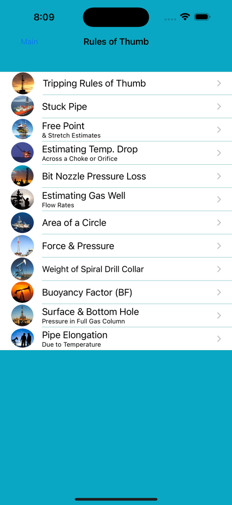 A menu of oilfield engineering formulas and rules of thumb in the iHandy Calc app interface