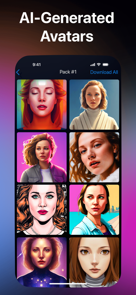 MyScreen 앱 내 다양한 예술적 스타일의 AI 생성 여성 아바타 모음