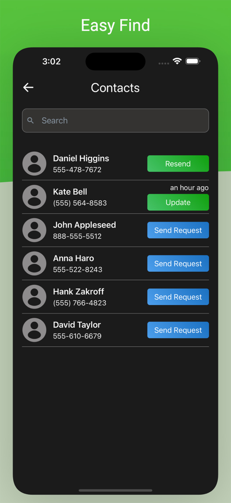 Phone Tracker: Find Location - A contact list interface within the Phone Tracker app showing options to send or update location requests for various contacts.