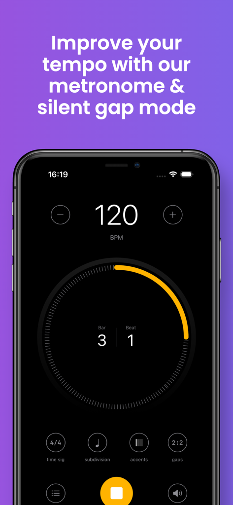 Interfaz de la aplicación Metrónomo en iPhone que muestra 120 BPM y ajustes del modo de práctica silent gap.
