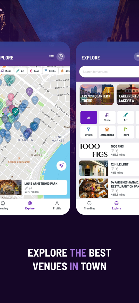 VenueApp mobile interface for exploring local music and food venues in New Orleans with a map and list view