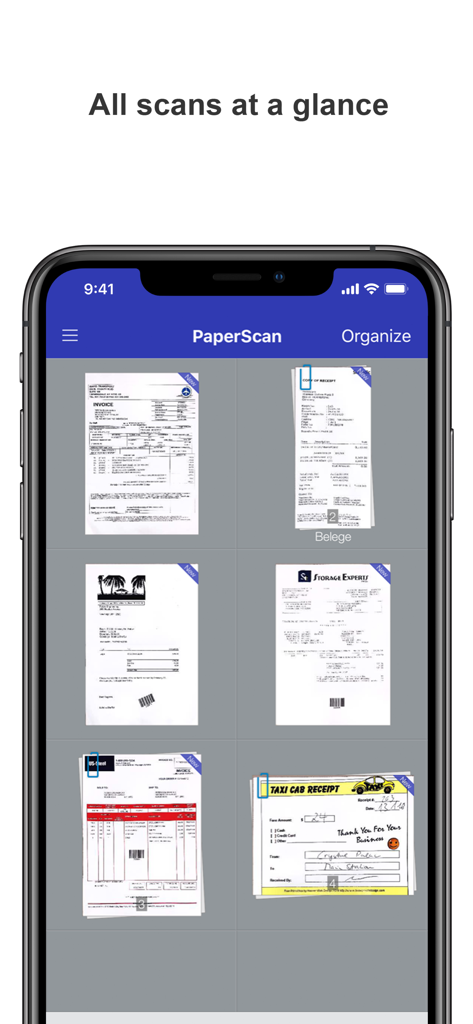 PaperScan - iPhone screen showing a grid overview of scanned receipts and invoices in the PaperScan app