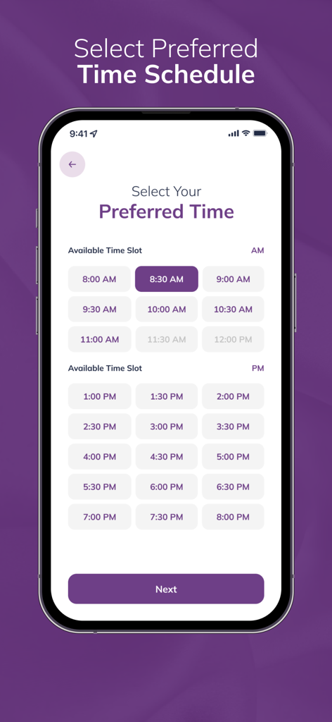 Mobile app screen for SkinStation Online showing available morning and afternoon time slots for appointment booking